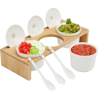 BELLE VOUS Servierschalen Set Porzellan mit Löffeln und Deckeln - 3 Servier Schälchen mit Bambus-Aufbewahrungsständer - Ideal für Soße, Dips, Gewürze, Kräuter, Snacks, Salz, Pfeffer, Haus & Küche