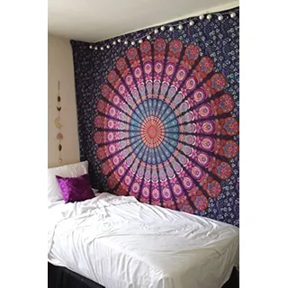 Popular Handicrafts Wandteppich, Wandbehang, Hippie-Mandala, Bohemian-Stil, psychedelisches Design, indische Wandteppiche, Tagesdecke, 215 x 230 cm, Rot/Gelb
