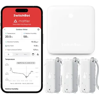 SwitchBot WLAN Hygrometer Thermometer Innen Außen 3 Pack with Hub Mini, IP65 Wasserdichter Temperatur- und Feuchtigkeitssensor mit App Benachrichtigung und kostenlose Datenspeicherung