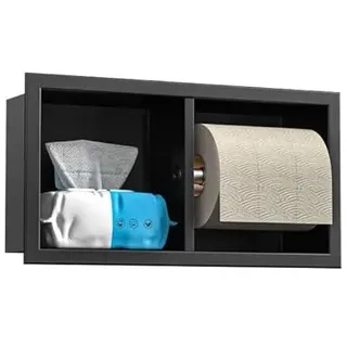 Bernkot Unterputz Toilettenpapierhalter Edelstahl, WC Badezimmerschrank mit Toilettenpapierhalter Halterung, Klopapierhalter mit aufbewahrung, 10×18×34cm, Schwarz