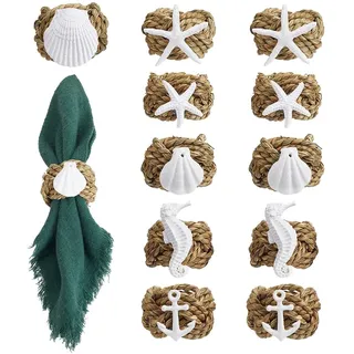 NBEADS 12 Stück 6 Stil Serviettenringe, Gras gewebt mit Harz Seestern Seepferdchen Muschel Anker Ornamente Nautische Serviettenhalter für Strand Hochzeit Dinner Party Tisch Dekor
