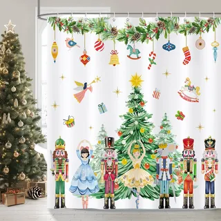Bonhause Duschvorhang Weihnachten Nussknacker Weihnachtsbaum Xmas Winter Duschvorhänge 180 x 180 cm Anti-Schimmel Wasserdicht Polyester Stoff Waschbar Bad Vorhäng für Badzimmer mit 12 Haken