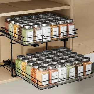 ZDDLOINP Ausziehbares Gewürzregal Für Schrank, 2 Etagen Gewürzregale, Einstellbare Höhe Gewürzregal Schwarz, Gewürz Organizer Ausziehbar, Schrank Organizer Küche