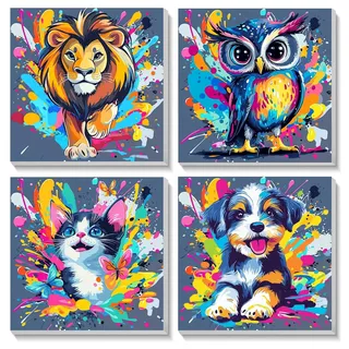 Malen Nach Zahlen Erwachsene,4 Pcs Malen Nach Zahlen Tiere mit Rahmen,DIY Malen Nach Zahlen Kinder Anfänger mit Pinsel,Olgemälde Auf Handgemalt,Painting By Numbers Easy,Home Haus Deko(20*20cm)