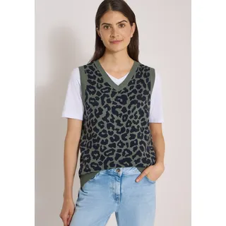 Pullunder CECIL, Damen, Gr. S (38), dried olive grün, Strick, Obermaterial: 39% Polyacryl, 35% Baumwolle, 15% Polyester, 11% Nylon, normal hüftbedeckend, V-Ausschnitt, Bündchen, Pullover Pullunder, Sommer-Weste mit V-Neck und Leo-Muster