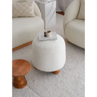 Atelier Del Sofa Elegant White Pouffe, 43 x 45 x 37 cm, 100% Wooden Frame, Soft Teddy Fabric, 5 cm DNS Feather Cushion | Perfect for Modern Living Rooms & Bedrooms