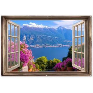 OnlyWow Gartenposter Durchblick - Berg - Landschaft - Ausblicke - See Poster für draußen 180x120 cm , Blau , Kunststoff , Rechteckig , 180x120x0.2 cm , Bilder & Rahmen, Bilder, Sonstige Wandbilder