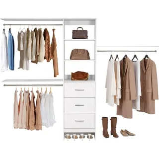 Kleiderständer - Garderobenständer-Schranksystem - Drei Schubladen - Holz - Verstellbar - Drei ausziehbare Kleiderstangen (57,5–102 cm) - Für begehbare Kleiderschränke