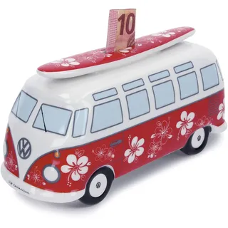 BRISA VW Collection - T1 Bulli Bus Spardose Sparbüchse | Volkswagen Sparschwein Geldkassette, Wiederverwendbar Fanartikel Geschenk Geldsammler Retro Dekoration, Keramik, Rot/Flower