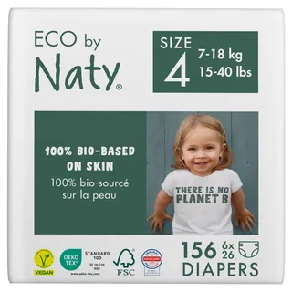 Eco by Naty Babywindeln — Umweltfreundliche Windeln auf pflanzlicher Basis, ideal für empfindliche Babyhaut und helfen, Verlust zu verhindern (Größe 4, 156 Einheiten)