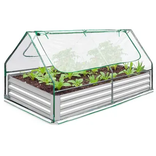 Hochbeet mit Gewächshaus, Pflanzkasten Winterfest mit Foliengewächshaus, Hochbeet aus Verzinktem für Garten mit Abdeckung und Sichtfenster, Treibhaus für Kräuter Blumen, 180x90x90cm