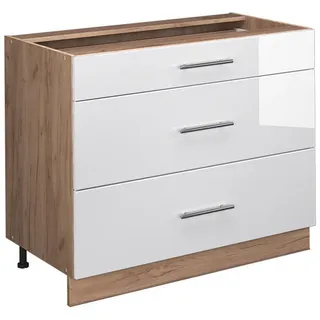 Vicco Küchenunterschrank Fame-Line, Weiß Hochglanz/Goldkraft Eiche, 100 cm ohne Arbeitsplatte , Weiß Hochglanz, Honigeiche , Holzwerkstoff , 3 Schubladen , Rechteckig , 100x82x51.6 cm , Küchen, Küchenmöbel, Küchenschränke, Küchenunterschränke