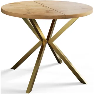 Alpi Moebel, Runder Esstisch Loft Liten, Modern Ausziehbarer Tisch 100-180 cm, Hellbraun mit Gold Metallbeinen