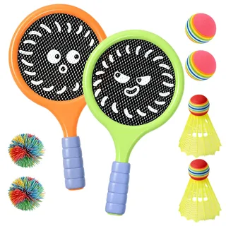 Xerteam Kinder Schläger Tennis Set–Sportspiele im Innen- und Außenbereich | mit 2 Schlägern 2 Federbällen 2 Tennisbällen 2 Regenbogen-Gummibällen, Bat und Ball Set für Kinder Anfänger Junioren Familien