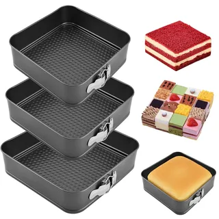 YXHZVON 3 Stück Edelstahl Kuchenform, Backform Quadrat 24/26/28cm, Antihaft Quadrat Kuchenbackform, Hochglanzpoliert, Springform Quadratbackform, Abnehmbarer Flachboden