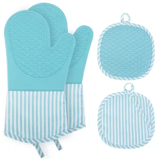 AiQInu Ofenhandschuhe Topflappen Set, Ofenhandschuhe Silikon Bis 230°C, Zwei Handschuhe und Zwei Topflappen, Topfhandschuhe Hitzebeständig für Kochen Backen