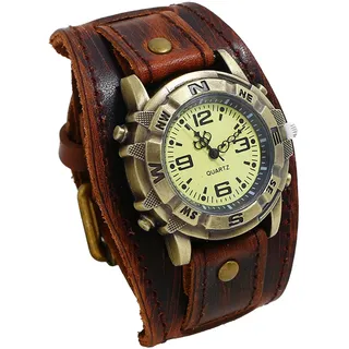 OIDEA Herren Uhren Leder Armbanduhr: Dunkelbraun Punk Echt Leder Armband Herrenuhr Analog Quarz Uhr mit arabischen Zifferblatt Retro Steam Punk Vintage Geschenk für Männer Freund