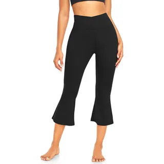3/4 Flared Leggings Capri Yogahose Damen Schlaghose Blickdicht Cross Waist Bootleg Sporthose Bootcut Jogginghose Jazzpants Fitnesshose(Schwarz,M)