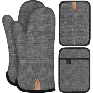 Topflappen und Ofenhandschuhe Set, Hitzebeständig mit Silikon - 4er Set - Grau
