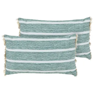 BELIANI Gartenkissen 2er Set Olivgrün Polyester 30 x 50 cm Rechteckig Gestreift mit Fransen Skandinavischer Stil Outdoor Kissen - Grün, Weiß