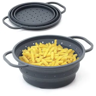 Sanni Shoo hitzebeständiges Falt-Sieb 26 cm Ø - faltbares, klappbares, platzsparendes Sieb, Seiher, Nudelsieb, Dämpfeinsatz für Küche und Camping aus Silikon u. Metall (anthrazit)
