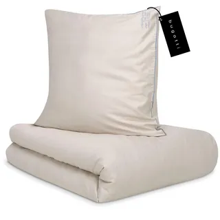 bugatti Bettwäsche 155x220 cm - 100% Baumwolle, Reißverschluss, anschmiegsam, weich & waschbar, Satinbettwäsche beige blau einfarbig