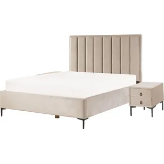 BELIANI Bett mit 2 Nachttischen Taupe Samtstoff Gesteppt mit Hohem Kopfteil Bettkasten Lattenrost 160x200 cm Hochklappbar Schlafzimmer Komplett Set - Beige, Grau, Schwarz
