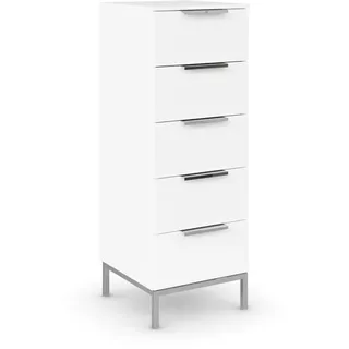 Rauch Möbel Flipp, Kommode für Schlafzimmer, Kinderzimmer, Wohnzimmer, Jugendzimmer, Flur, Garderobe, 5 Schubladen, mit Softclose Funktion, Griffe und Metallkufe Chrom, Farbe Weiß, Breite 40 cm