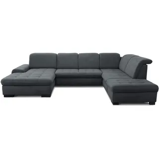 CAVADORE U-Form Lexi mit XXL-Longchair / Inkl. Bett, Bettkasten, Stauraum und Kopfteilfunktion / Leichte Fleckenentfernung dank Soft Clean / 329 x 82-99 x 224 / Flachgewebe: Dunkelgrau