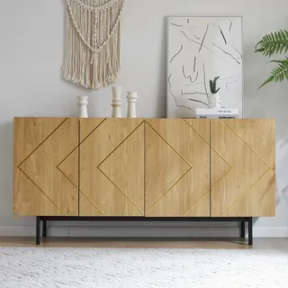 Merax Sideboard 160x40x78 cm mit 4 Türen, Einlegearbeiten & Metallleisten, griffloses Design, erhöhte Füße 18 cm, feuchtigkeitsgeschützt, modernes Des - Naturbelassen