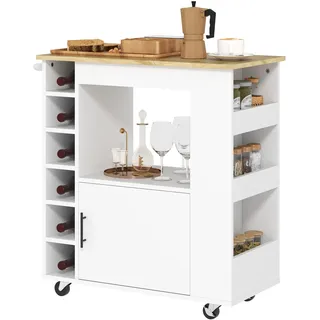 Homcom Küchenwagen mit Arbeitsplatte, Ablagen, 83x40x83 cm Eiche | Rollwagen, Weinregalen, Servierwagen, Küchenschrank auf Rollen, Soft-Close-Scharnieren, Griff, Kücheninsel