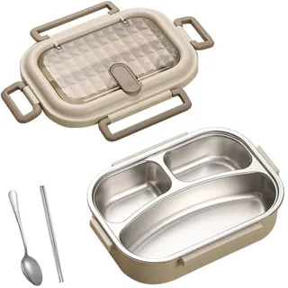 DONGKER Edelstahl Brotdose, 1000ml Metall Lunchbox mit 3/4 Fächer, 22x14 cm, Auslaufsichere Bento Box mit Essstäbchen und Löffel für Büro, Outdoor-Reisen