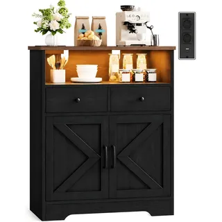 IRONCK Küchenschrank Sideboard mit LED & Steckdose 2AC+1USB+1USB-C, Schwarz | Buffetschrank 2 Schubladen 2 Türen, Küchenbuffet Kaffeebar Schrank für Esszimmer Wohnzimmer, verstellbare Ablage 79.8×35×95cm