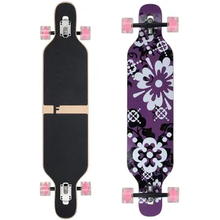 Flex1 bis 122kg - Camber Longboard (Flex1 bis 122kg, lila Blume LED - Ahornholz)