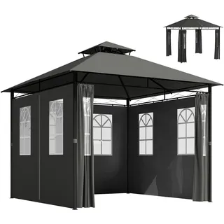 Outsunny Pavillon 3 x 3 m Gartenzelt mit Seitenwand Metall Dunkelgrau | UV50+ Partyzelt mit Doppeldach, Wetterfest Festzelt, Gartenpavillon, für Balkon, Terrasse