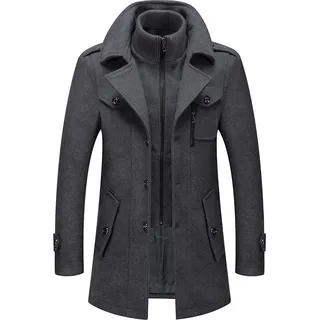 Herren Wintermantel, Slim Fit Zweiteiliger Mantel für Business und Freizeit, Wollmantel mit Stehkragen Peacoat und Warmer Integrierter Innenjacke, Herren, Grau, 7XL - Grau