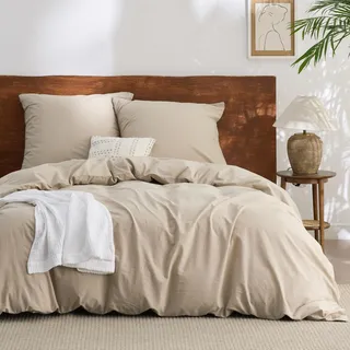 BEDSURE Bettwäsche 155x220 Baumwolle 3teilig - Sommer Bettwäsche-Sets Hazeltaupe Bettbezug mit 2 Kissenbezüge 80x80 cm, Ähnliche Textur wie Washed Leinen, Oeko-TEX Bedding Braun mit Reißverschluss