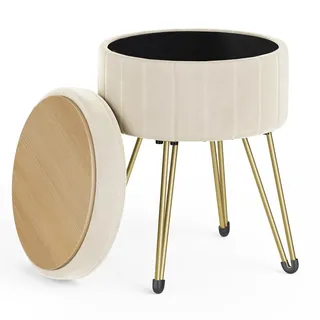 SONGMICS Runder Sitzhocker, Hocker mit Stauraum, Samt Schminktisch Hocker, 39 cm d, 44,4 cm H, 4 Metallbeine, für Ankleidezimmer, Wohnzimmer, Schlafzimmer, cremeweiß LOM003W01