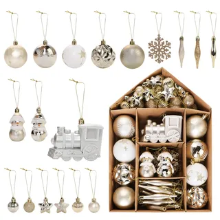 Mittokonnel Weihnachtskugeln 70 teiliges Set Weihnachtsbaumschmuck Weiß Gold, glitzernde weihnachtskugeln, Hängen weihnachtskugeln Gold,Christbaumschmuck
