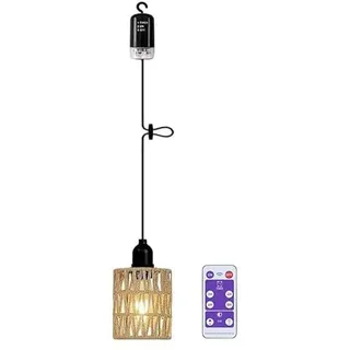 Hängelampe mit Batterie Hängeleuchte Batteriebetriebene Boho Rattan Lampenschirm Pendelleuchte Deckenlampe ohne Strom Wasserdicht Lampe für Keller Schlafzimmer Weihnachten Party Deko Geschenk