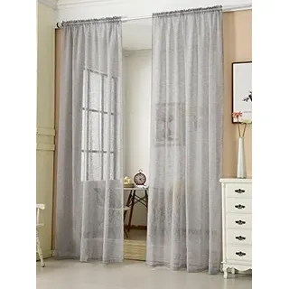 WOLTU 2er Set Gardinen, Vorhänge für Wohnzimmer Kinderzimmer Schlafzimmer, mit Kräuselband, Leinenoptik, Halbtransparent Voile, 140 x 175 cm, Hellgrau
