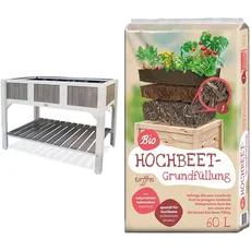 Habau Klara Hochbeet, weiß/grau & Universal Bio Hochbeet-Grundfüllung 60 Liter