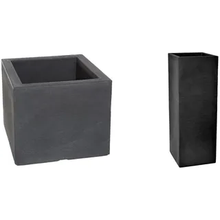 Dehner Blumenkübel Palermo, Schieferoptik, ca. 50 x 50 x 40 cm, Kunststoff, anthrazit & Säulentopf Palermo, Schieferoptik, ca. 80 x 30 x 30 cm, Kunststoff, anthrazit