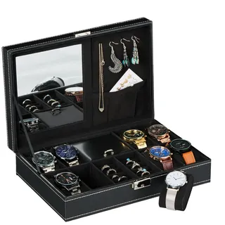 Relaxdays Uhrenbox für 8 Uhren, Weiß,Schwarz,Silber