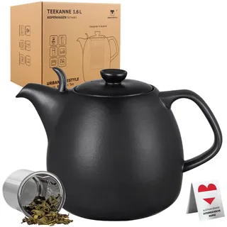 Urban Lifestyle "Kopenhagen" Teekanne mit Siebeinsatz 1,6L Schwarz aus Porzellan geeignet für Stövchen mit herausnehmbarem Siebeinsatz aus feinmaschigem Edelstahl Porzellan-Teekanne