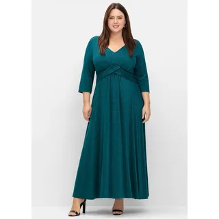 Abendkleid SHEEGO "Abendkleid", Damen, Gr. 46, Normalgrößen, blau (petrol), 66% Viskose, 16% Polyamid, 15% metallisierte Fasern, 3% Elasthan, unifarben, wadenlang, V-Ausschnitt, Kleider Abendkleid
