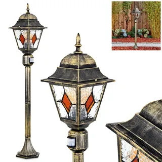 HOFSTEIN Wegeleuchte Chatelain, Außenwegeleuchte mit Bewegungsmelder aus Metall/Glas in Schwarz/Gold/Klar/Bernstein, Wegelampe im Antik/Landhaus/Retro-Design für Garten, Außenbereich, 102cm, E27, IP44
