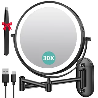 Auxmir Kosmetikspiegel mit Beleuchtung, 1X/30X Wiederaufladbar Schminkspiegel, 3200mAh Rasierspiegel Wandmontage, Dimmbar Vergrößerungsspiegel mit 3 Lichtfarben, 360° Drehbar für Badezimmer