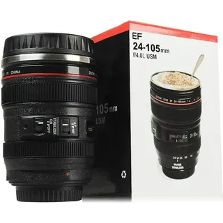 BUTKKXY Objektiv-Kaffeetasse, 350 ml, Edelstahl, vakuumisoliert, Reisebecher mit Schieberdeckel, Fotografen Geschenke für Männer und Frauen, kreatives Foto-Themen-Trinkgeschirr, Schwarz
