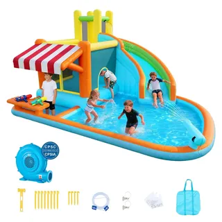 Aufblasbare Wasserhüpfburg - Wasserpark Mit Wasserrutsche - Maße 455 x 390 x 238 cm - Planschbecken - Hohe Rutsche - Für 3–4 Kinder, 3–8 Jahre - Spielmarktstand